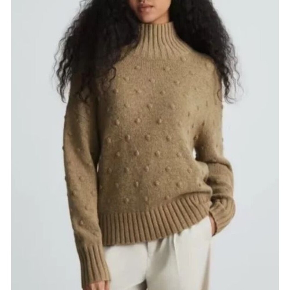 EVERLANE The Alpaca Merino Wool Pom-pom Turtleneck Size XXS in Wheat Tan Cozy - Picture 1 of 2